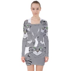 Cat Kitty Gray Tiger Tabby Pet V-neck Bodycon Long Sleeve Dress by Sapixe