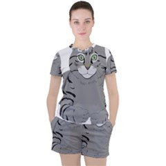 Cat Kitty Gray Tiger Tabby Pet Women s Tee And Shorts Set