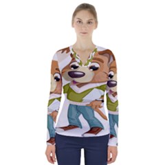 Dog Pet Dressed Point Papers V-neck Long Sleeve Top by Sapixe