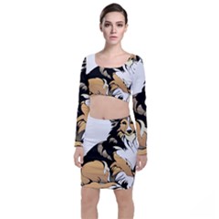 Dog Sitting Pet Collie Animal Long Sleeve Crop Top & Bodycon Skirt Set