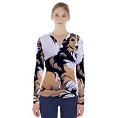 Dog Sitting Pet Collie Animal V-neck Long Sleeve Top