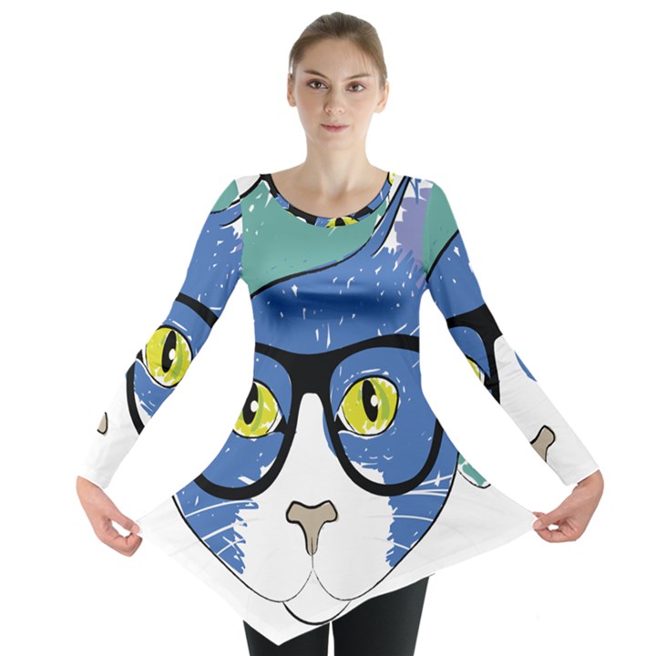 Drawing Cat Pet Feline Pencil Long Sleeve Tunic 