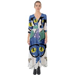 Drawing Cat Pet Feline Pencil Button Up Boho Maxi Dress by Sapixe