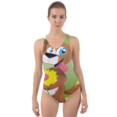 Dog Character Animal Flower Cute Cut-out Back One Piece Swimsuit by Sapixe