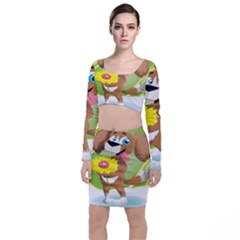 Dog Character Animal Flower Cute Long Sleeve Crop Top & Bodycon Skirt Set by Sapixe