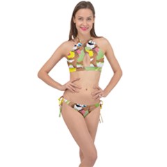 Dog Character Animal Flower Cute Cross Front Halter Bikini Set