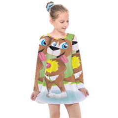 Dog Character Animal Flower Cute Kids  Long Sleeve Dress by Sapixe