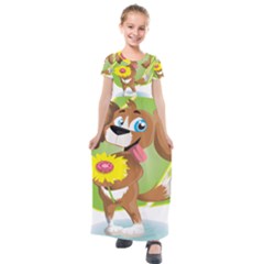 Dog Character Animal Flower Cute Kids  Short Sleeve Maxi Dress by Sapixe