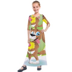 Dog Character Animal Flower Cute Kids  Quarter Sleeve Maxi Dress