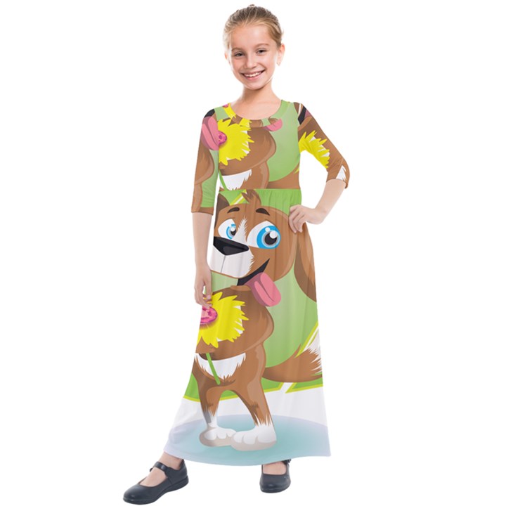 Dog Character Animal Flower Cute Kids  Quarter Sleeve Maxi Dress