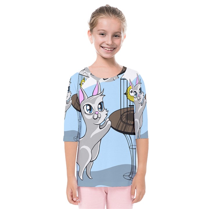 Cat Bird Cage Hunt Hunting Pet Kids  Quarter Sleeve Raglan Tee