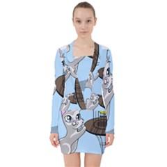 Cat Bird Cage Hunt Hunting Pet V-neck Bodycon Long Sleeve Dress by Sapixe