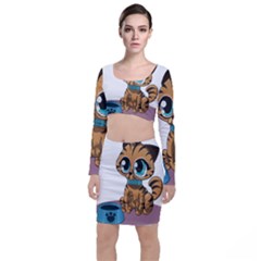 Kitty Cat Big Eyes Ears Animal Long Sleeve Crop Top & Bodycon Skirt Set by Sapixe