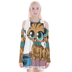 Kitty Cat Big Eyes Ears Animal Velvet Long Sleeve Shoulder Cutout Dress by Sapixe