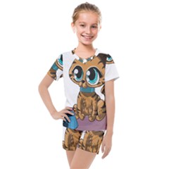 Kitty Cat Big Eyes Ears Animal Kids  Mesh Tee And Shorts Set