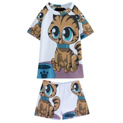 Kitty Cat Big Eyes Ears Animal Kids  Swim Tee And Shorts Set