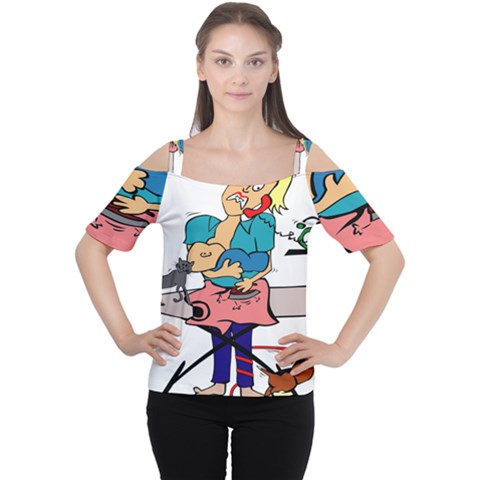 Housewife Multitasking Woman Cutout Shoulder Tee by Sapixe