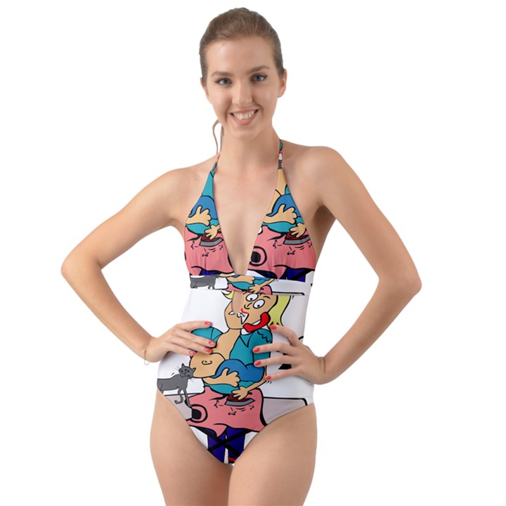 Housewife Multitasking Woman Halter Cut-Out One Piece Swimsuit