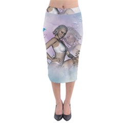 Fairy In The Sky With Fantasy Bird Midi Pencil Skirt by FantasyWorld7