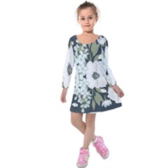 White Vintage Florals Kids  Long Sleeve Velvet Dress