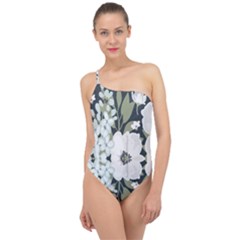 White Vintage Florals Classic One Shoulder Swimsuit