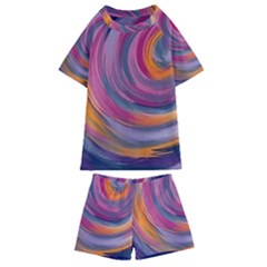 Purple Circles Swirls Kids  Swim Tee And Shorts Set