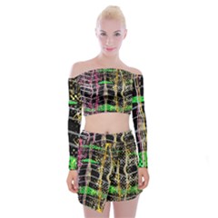 Pink Green Paint Battle And Black Lightning  Zigzag Off Shoulder Top With Mini Skirt Set by flipstylezfashionsLLC