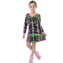 Pink Green Paint Battle And Black Lightning  Zigzag Kids  Long Sleeve Velvet Dress