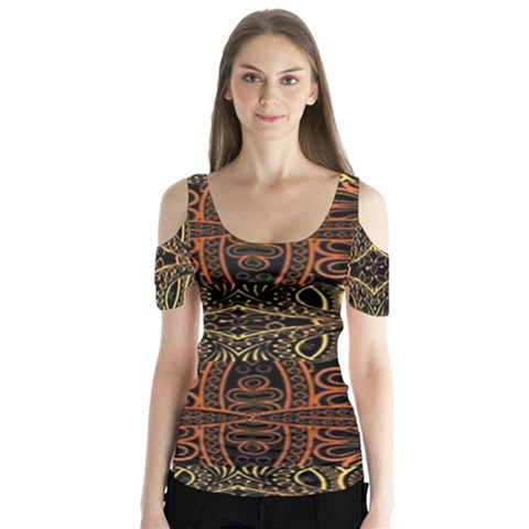 Brown And Gold Aztec Design  Butterfly Sleeve Cutout Tee  by flipstylezfashionsLLC