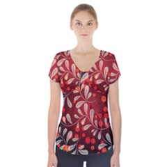 Beautiful Black And Red Florals  Short Sleeve Front Detail Top