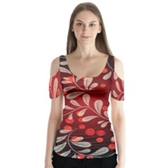 Beautiful Black And Red Florals  Butterfly Sleeve Cutout Tee 