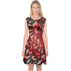 Beautiful Black And Red Florals  Capsleeve Midi Dress