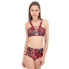 Beautiful Black And Red Florals  Cage Up Bikini Set