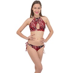 Beautiful Black And Red Florals  Cross Front Halter Bikini Set