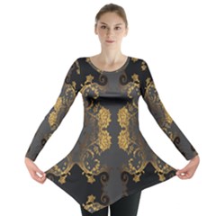 Beautiful Black And Gold Seamless Floral  Long Sleeve Tunic  by flipstylezfashionsLLC