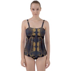 Beautiful Black And Gold Seamless Floral  Twist Front Tankini Set