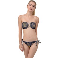 Beautiful Black And Gold Seamless Floral  Twist Bandeau Bikini Set