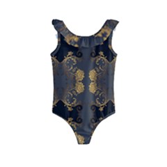 Beautiful Black And Gold Seamless Floral  Kids  Frill Swimsuit