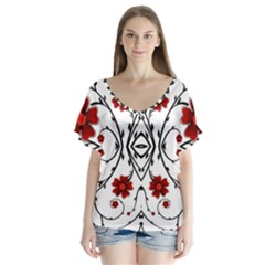 Beautiful Red Flowers Seamless V-neck Flutter Sleeve Top by flipstylezfashionsLLC