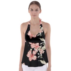 Beautiful Tropical Black Pink Florals  Babydoll Tankini Top