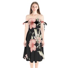 Beautiful Tropical Black Pink Florals  Shoulder Tie Bardot Midi Dress