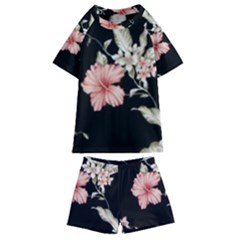 Beautiful Tropical Black Pink Florals  Kids  Swim Tee And Shorts Set