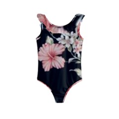 Beautiful Tropical Black Pink Florals  Kids  Frill Swimsuit