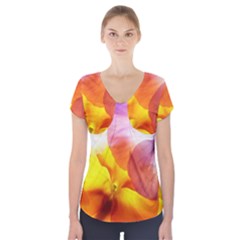 Big Colorful Tropical Yellow And Purple  Short Sleeve Front Detail Top by flipstylezfashionsLLC