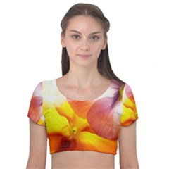 Big Colorful Tropical Yellow And Purple  Velvet Short Sleeve Crop Top  by flipstylezfashionsLLC