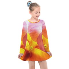 Big Colorful Tropical Yellow And Purple  Kids  Long Sleeve Dress