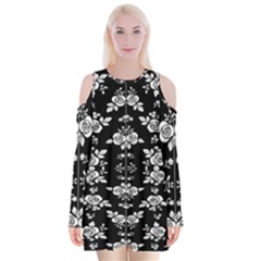 Black And White Florals Background  Velvet Long Sleeve Shoulder Cutout Dress