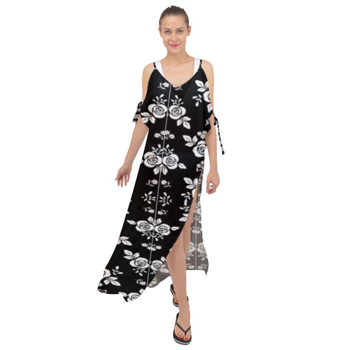 Black and white florals background  Maxi Chiffon Cover Up Dress