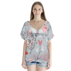 Cute Love Birds Valentines Day Theme  V-neck Flutter Sleeve Top by flipstylezfashionsLLC