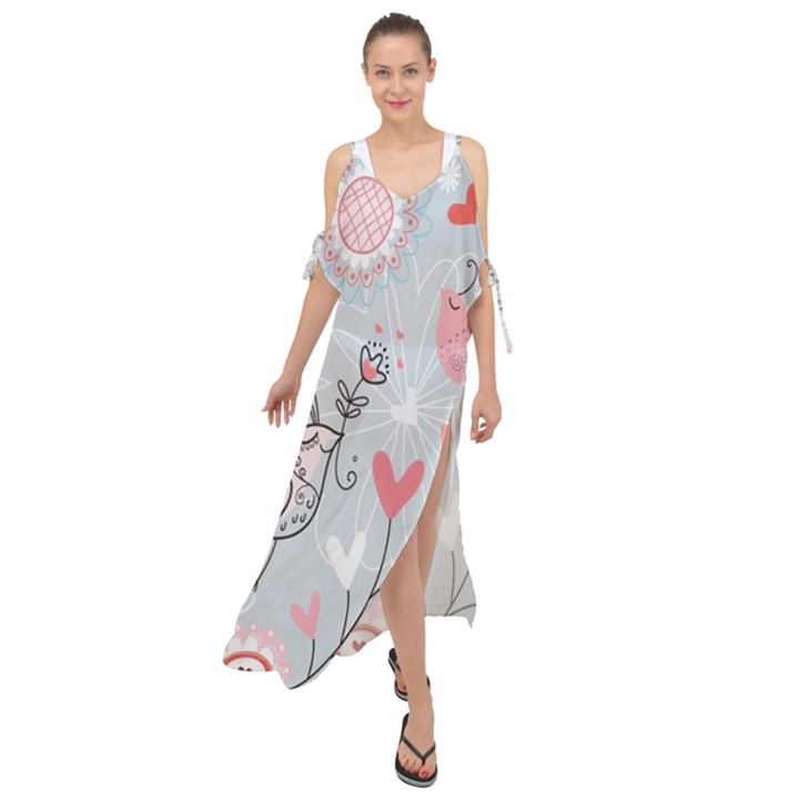 Cute love birds valentines day theme  Maxi Chiffon Cover Up Dress